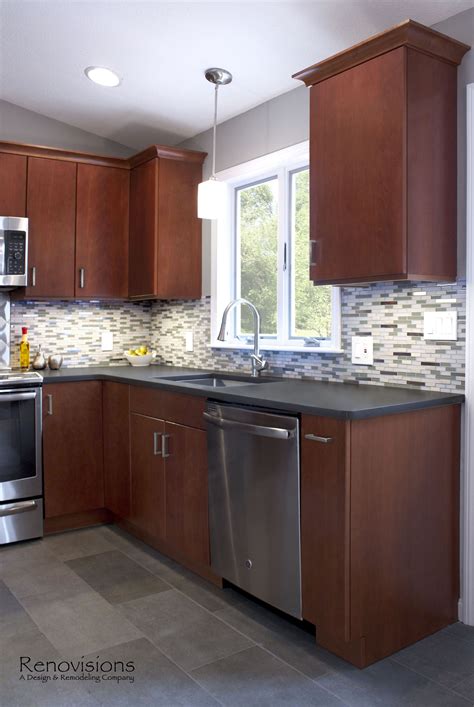 cherry kitchen cabinets and stainless steel shelves|modern cherry cabinets.